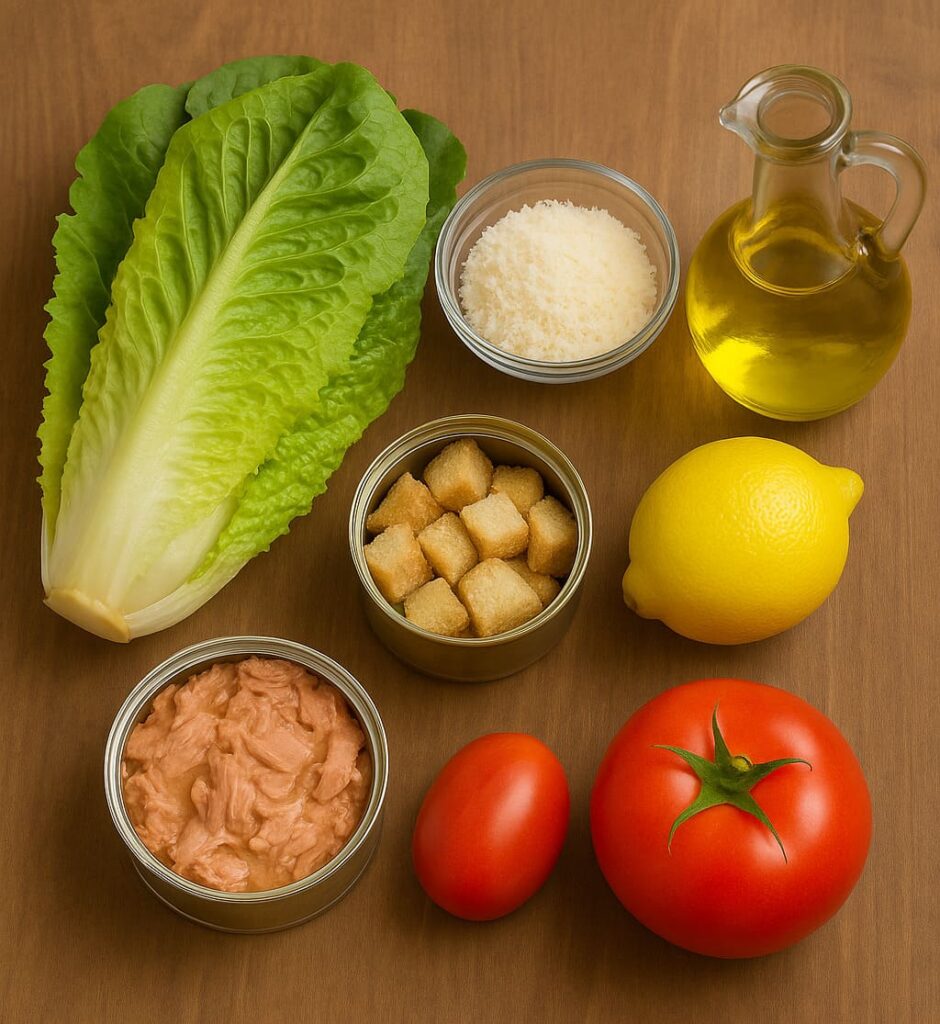 Ingredientes para ensalada César con atún: lechuga romana fresca, lata de atún, tomate, picatostes, queso parmesano, aceite de oliva y limón.