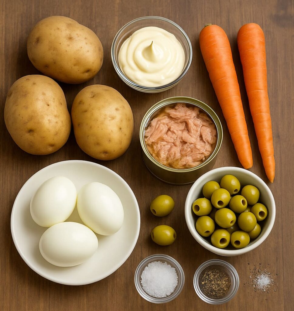 Ingredientes para ensaladilla rusa casera: patatas, zanahorias, huevos, atún, aceitunas y mayonesa.