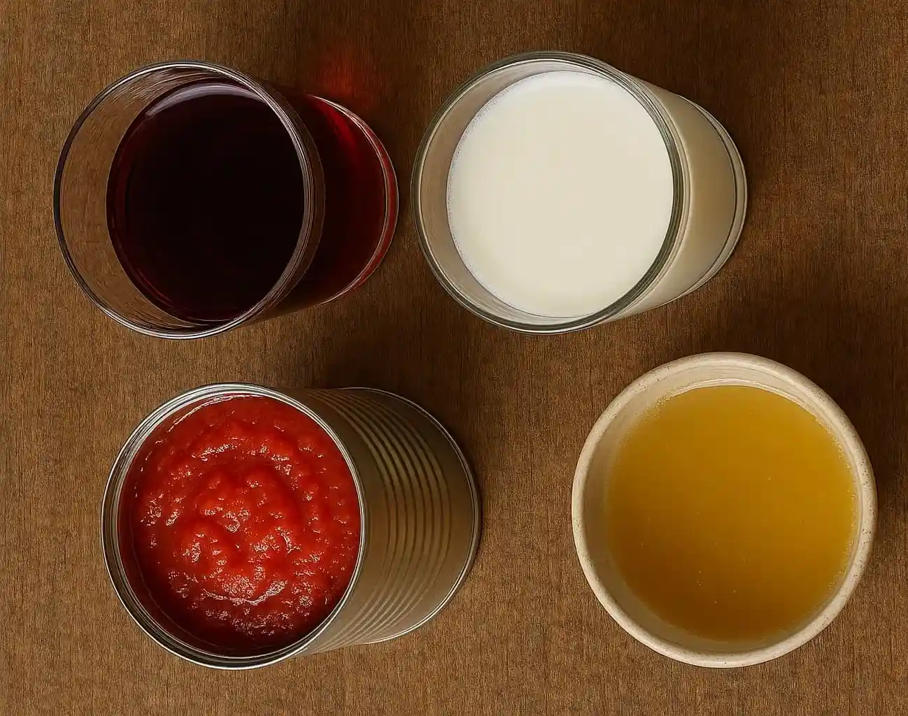 Ingredientes líquidos clave: vino tinto, leche entera y tomate triturado para la boloñesa