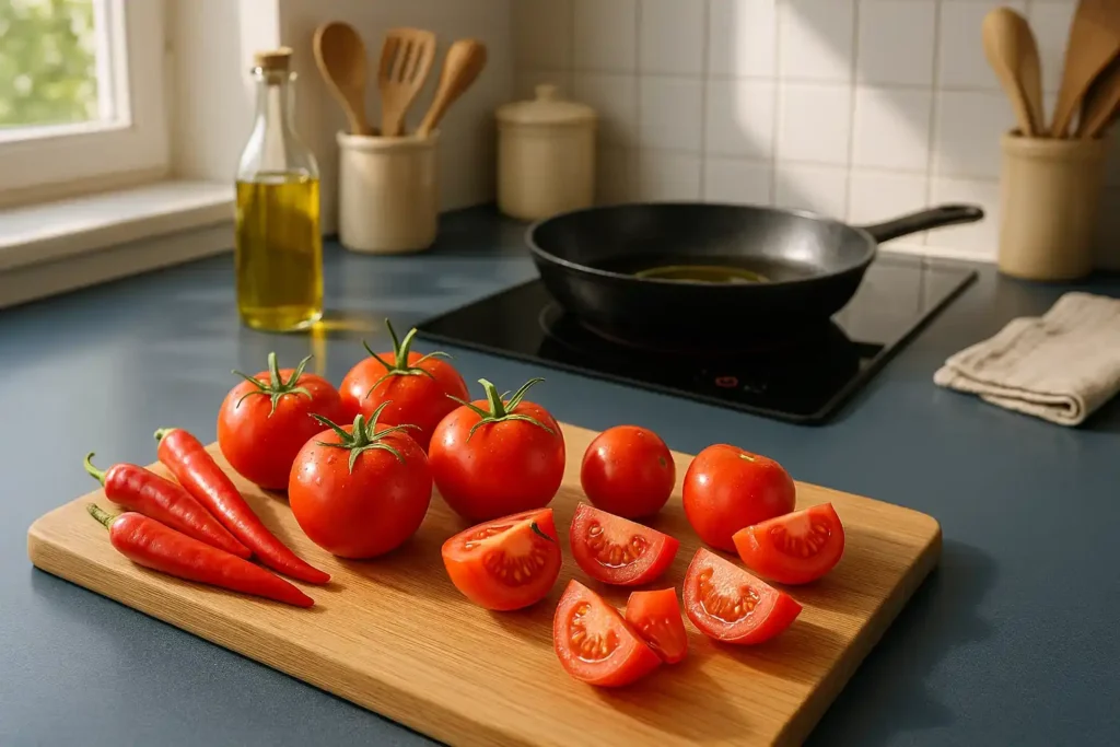 Tomates, cebolla, ajos y chiles troceados listos para cocinar la salsa.
