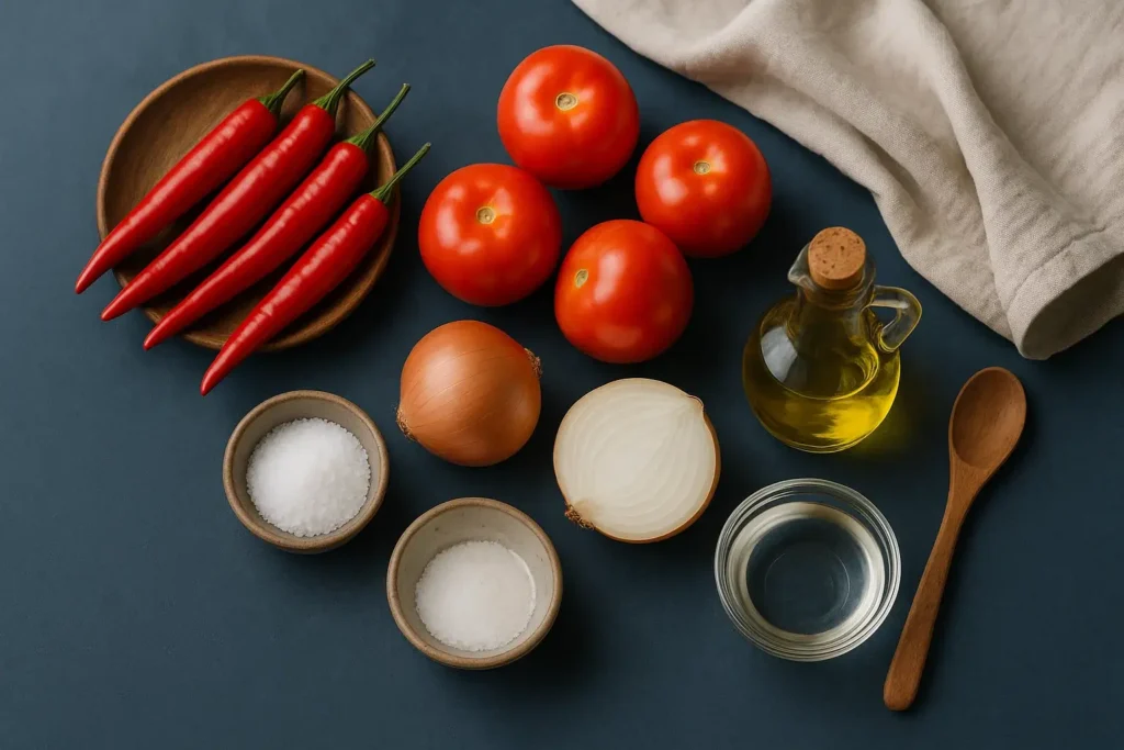 Ingredientes para la salsa de chile casera: tomates, cebolla, ajos, chiles y vinagre.