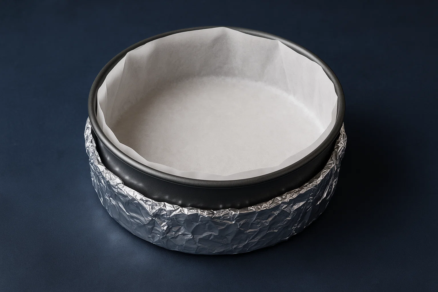 Molde para pastel de queso japonés forrado con papel de horno y sellado con aluminio para baño maría.