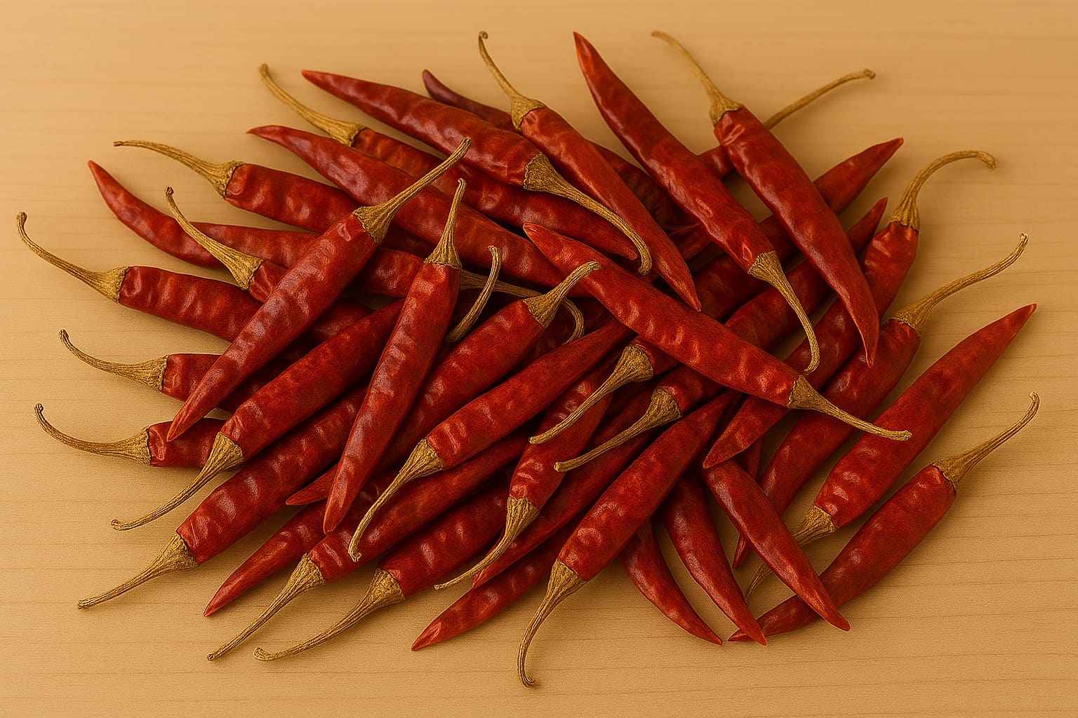 Montón de chiles de árbol secos rojos.