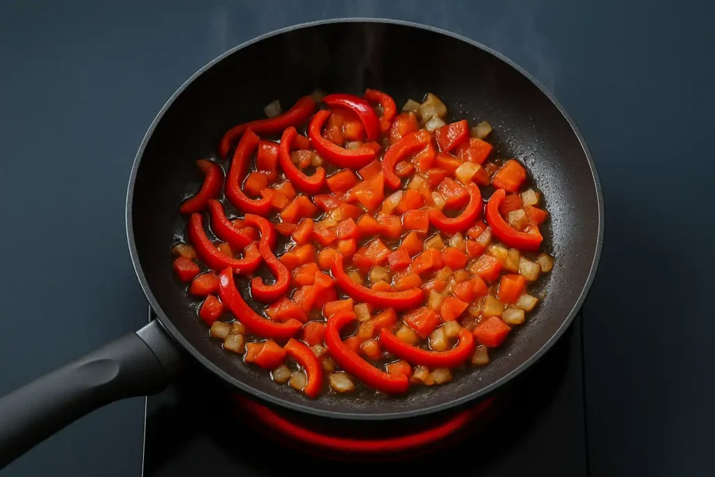 Ingredientes de la salsa de chile sofriéndose en una sartén.