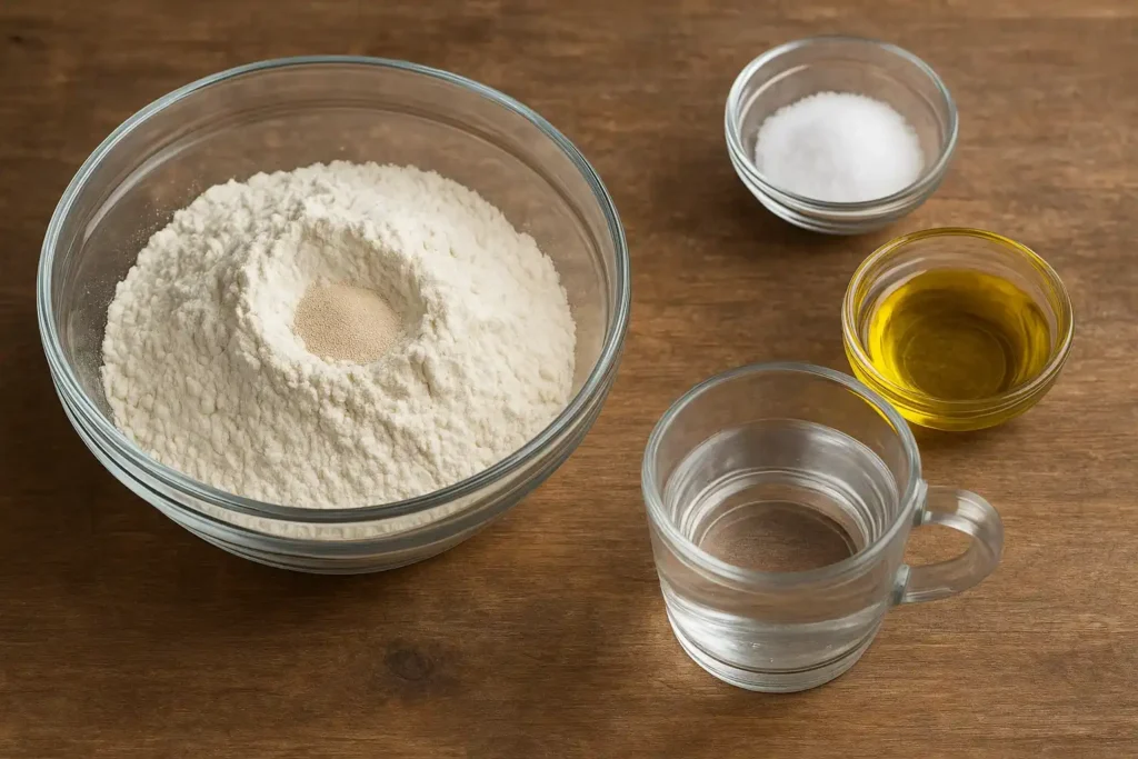 Ingredientes para hacer tortillas de trigo caseras: harina, sal, levadura, aceite y agua.