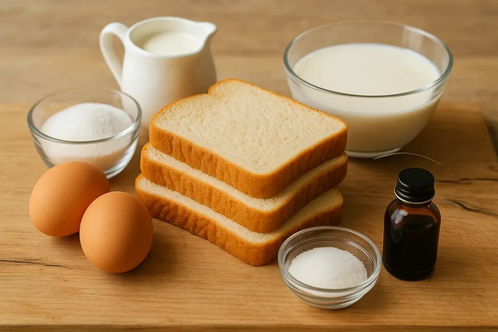 Ingredientes principales para hacer tostadas a la francesa: pan, huevos, leche, azúcar y vainilla.