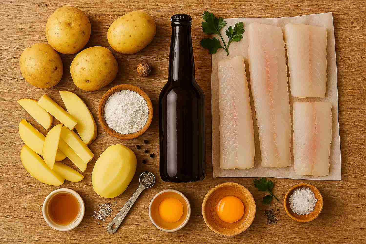 Ingredientes para la receta de Fish and Chips: filetes de bacalao fresco, patatas, harina, cerveza y un huevo.