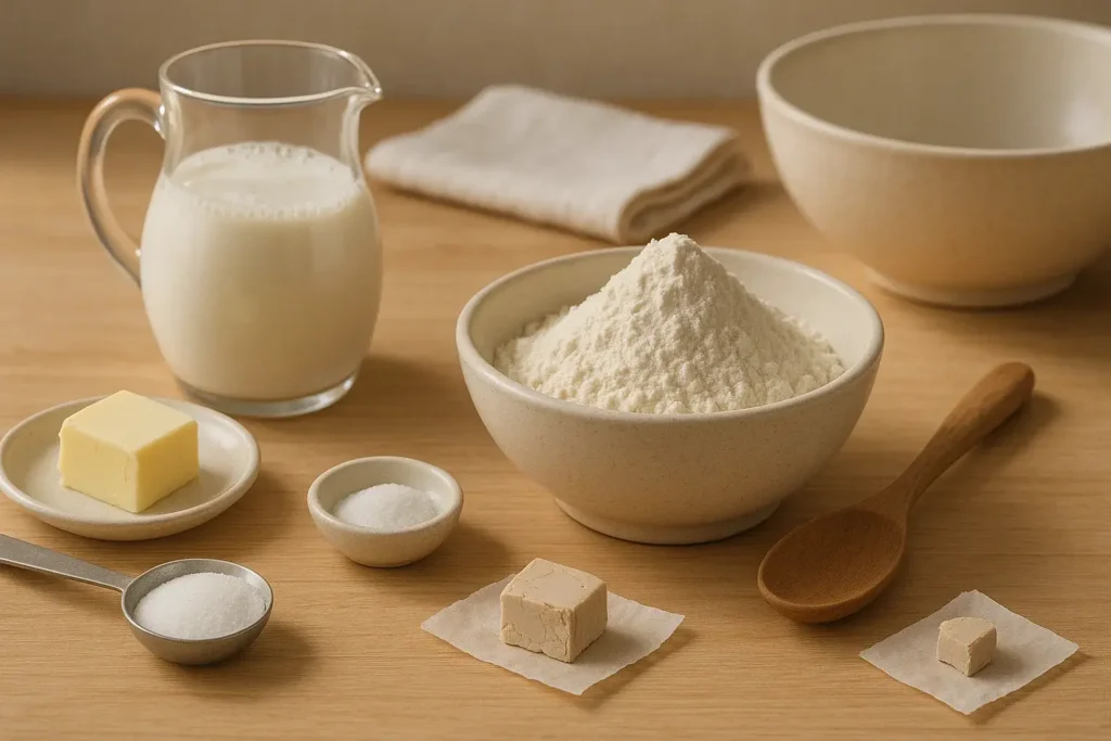 Ingredientes para pan turco estilo bazlama: harina, leche, mantequilla, azúcar, sal y levadura.