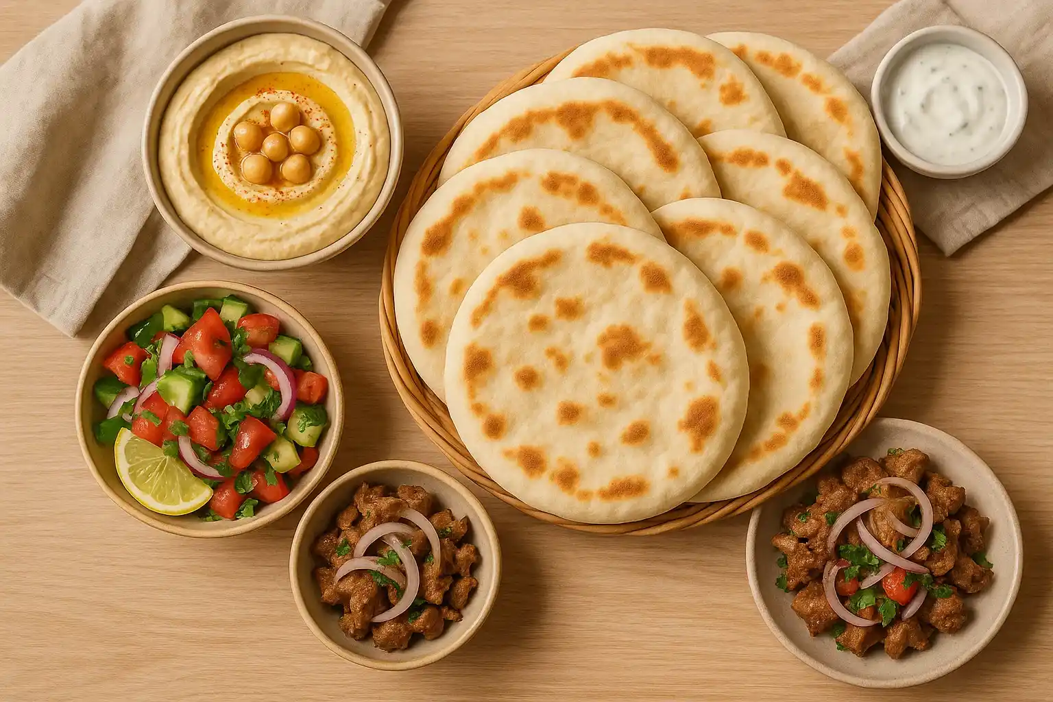 Pan bazlama servido con hummus, ensalada mediterránea y carne tipo kebab sobre mesa de madera clara, listo para compartir.