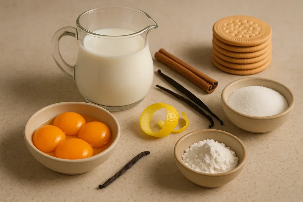 Ingredientes para hacer natillas caseras con galletas maría: leche, huevos, azúcar, maizena, canela, limón y galletas.
