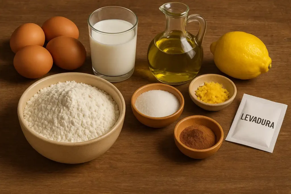 Ingredientes para magdalenas caseras de la abuela: huevos, leche, harina, aceite, limón, levadura, azúcar y canela.