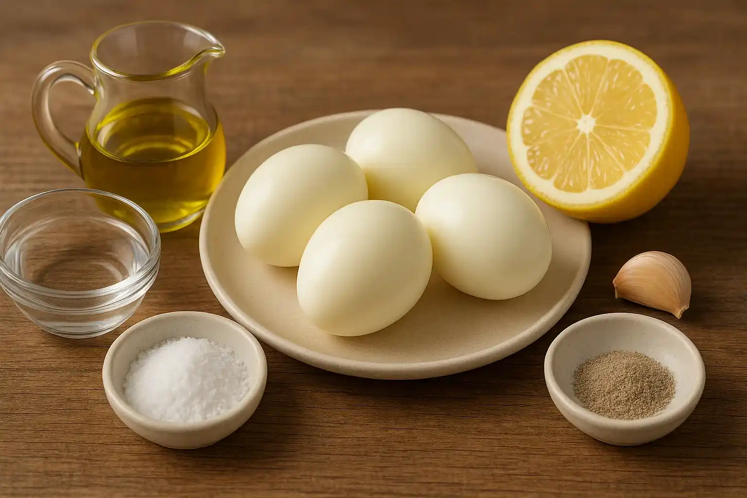 Ingredientes para mayonesa casera baja en grasa/casi sin aceite): huevos cocidos, aceite de oliva, agua, ajo y limón.
