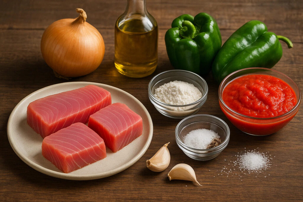 Ingredientes para la receta casera de atún con tomate: tacos de atún fresco, tomates maduros, cebolla, pimiento verde, ajos y aceite de oliva.