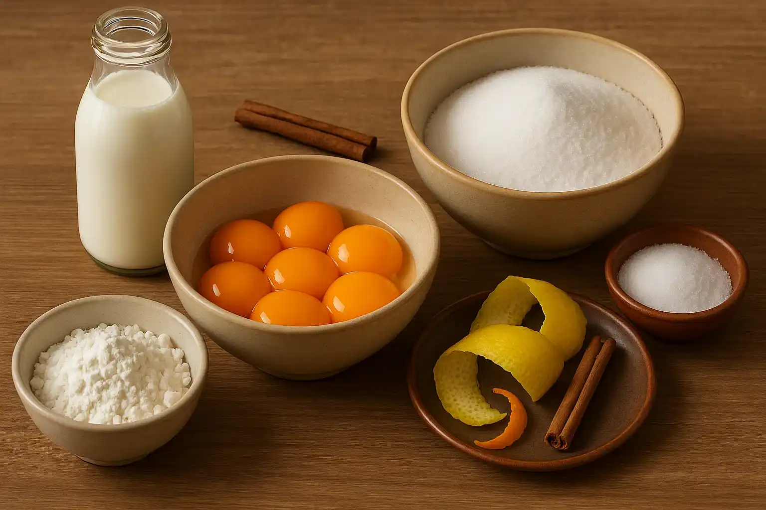 Ingredientes para crema catalana casera: leche, yemas, azúcar, maicena, canela y limón.