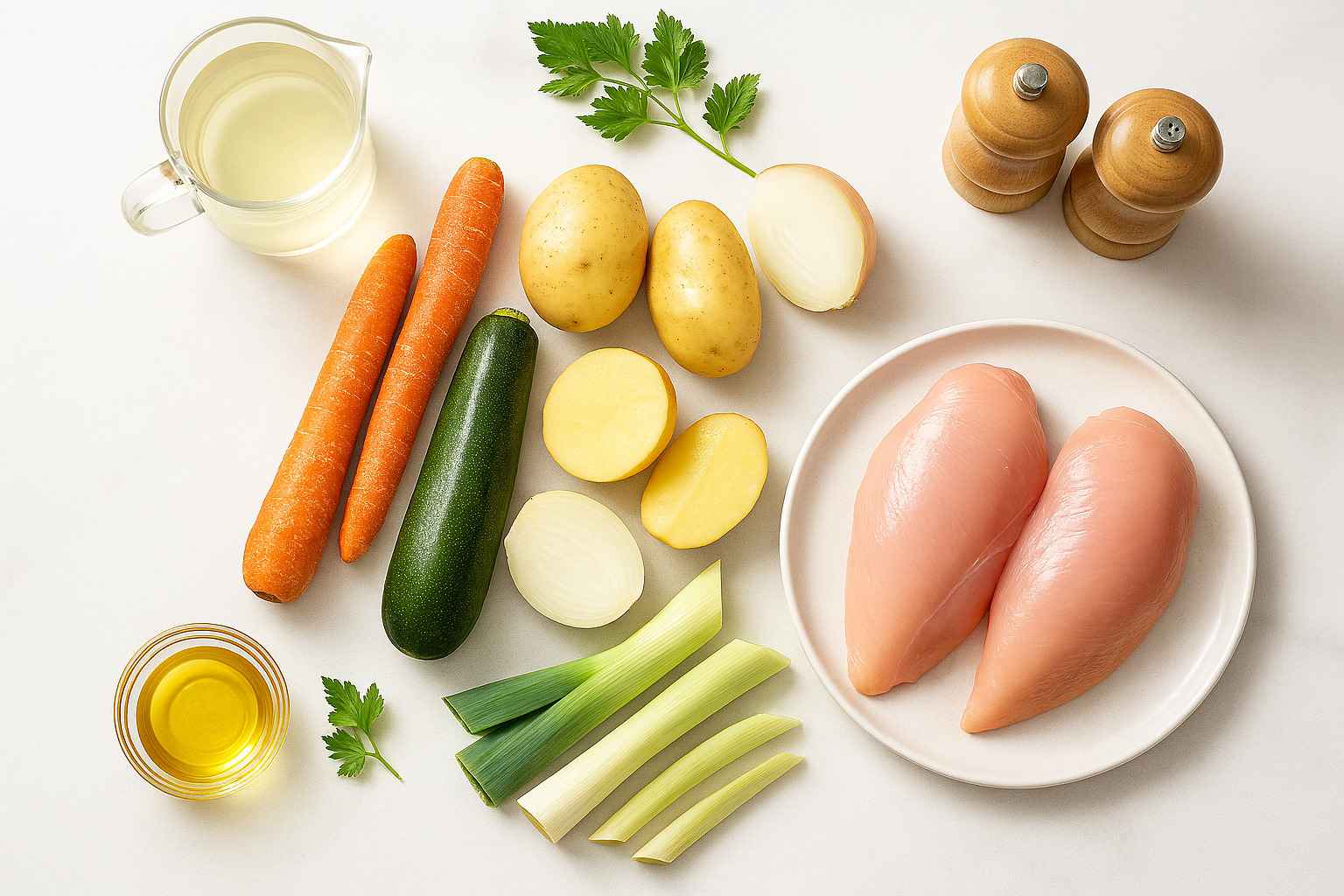 Ingredientes frescos para una crema de verduras con pollo sabrosa y cremosa.