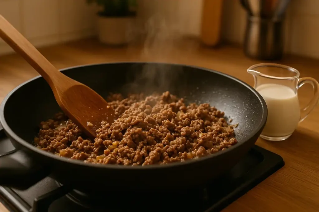 Cociendo carne picada en la sartén para el relleno de los pimientos del piquillo.
