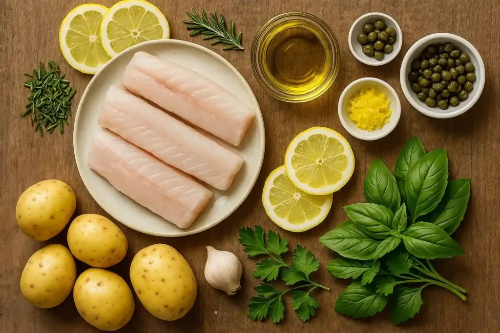 Ingredientes sobre tabla: lomos merluza, patatas, limón, ajo, perejil, albahaca, alcaparras, aceite, romero.