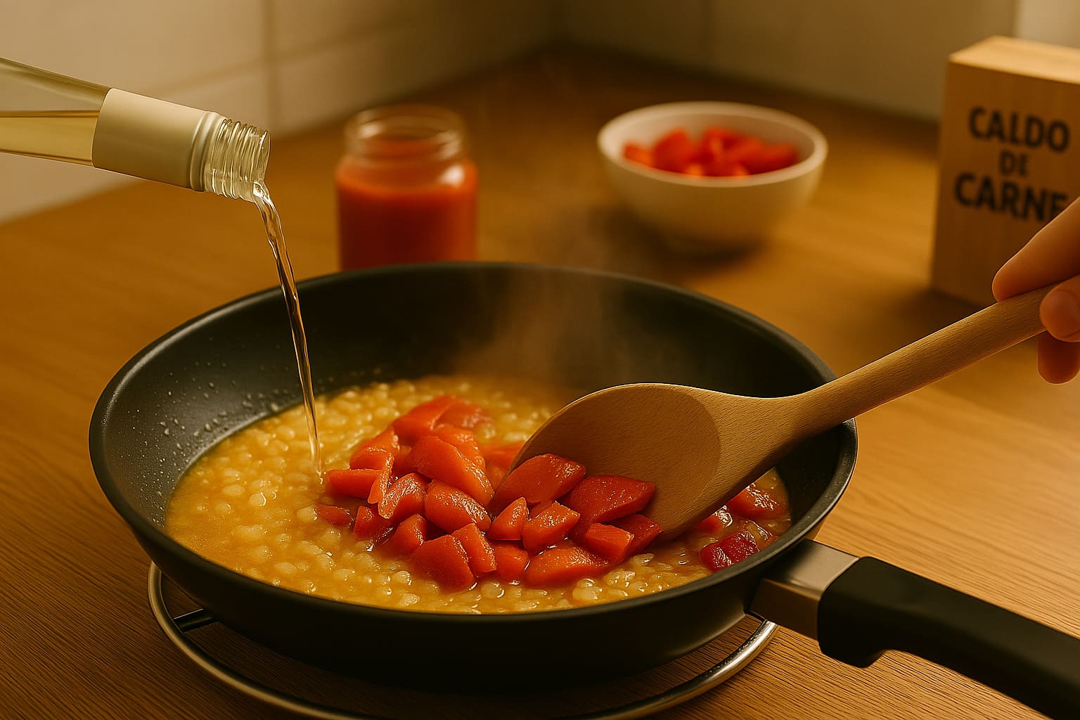 Salsa de tomate y pimientos del piquillo cociéndose en una sartén para acompañar los pimientos rellenos.