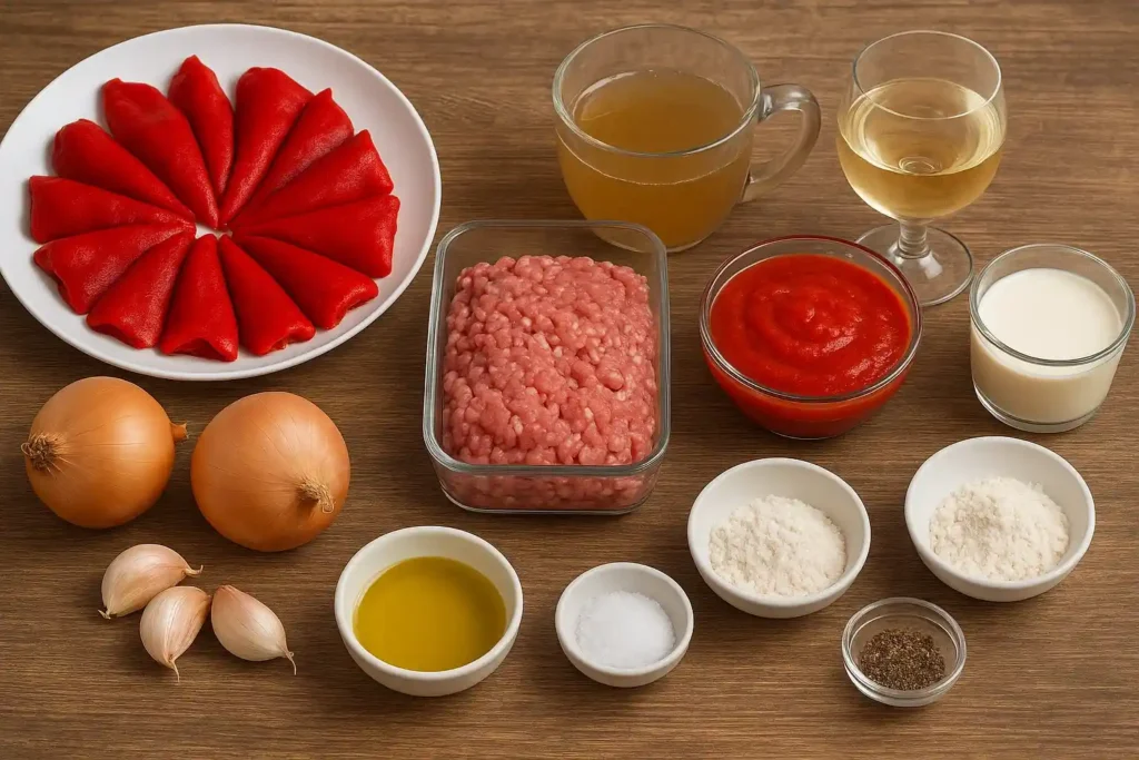 Ingredientes frescos para pimientos del piquillo rellenos: pimientos de piquillo en conserva, carne picada mixta, cebollas, ajos, nata, harina, tomate y caldo.