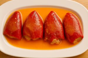 Plato de pimientos del piquillo rellenos de carne caseros, con su salsa roja brillante, listos para degustar.