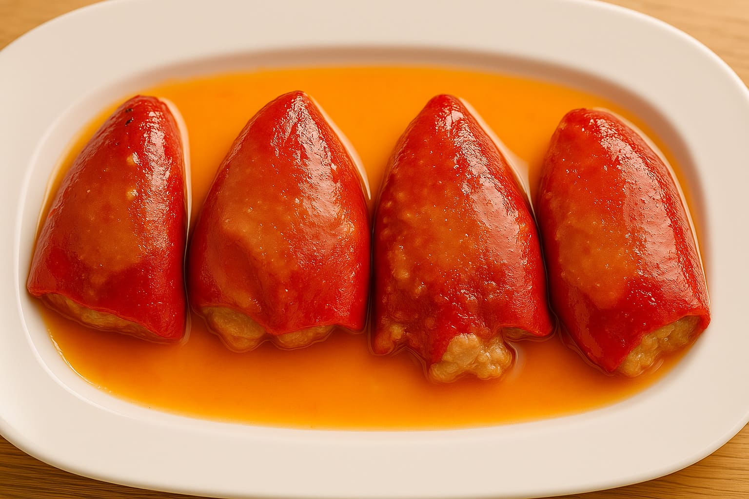 Plato de pimientos del piquillo rellenos de carne caseros, con su salsa roja brillante, listos para degustar.