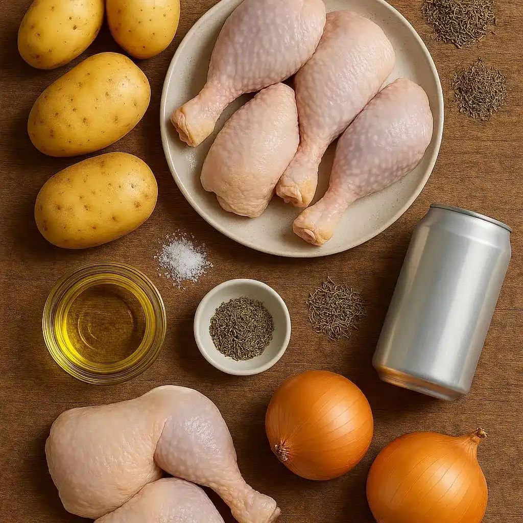 Ingredientes sobre mesa: muslos de pollo, patatas, cebollas, lata de cerveza, tomillo, romero, aceite, sal, pimienta.