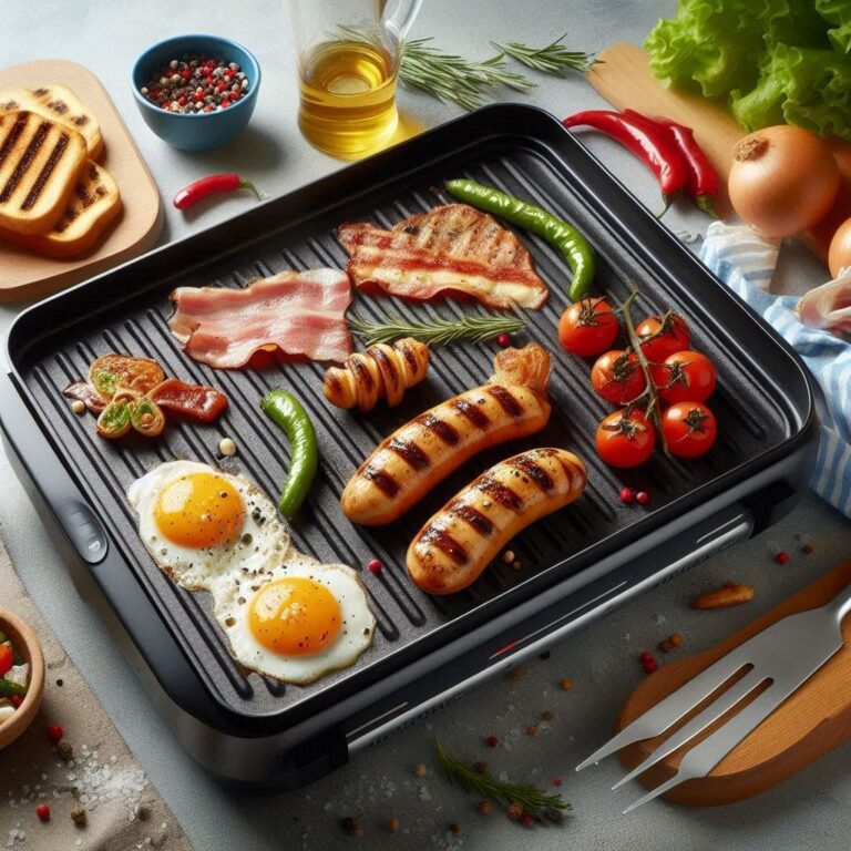 Alimentos-cocinandose-con-espacio-suficiente-en-plancha-electrica-para-evitar-que-se-peguen