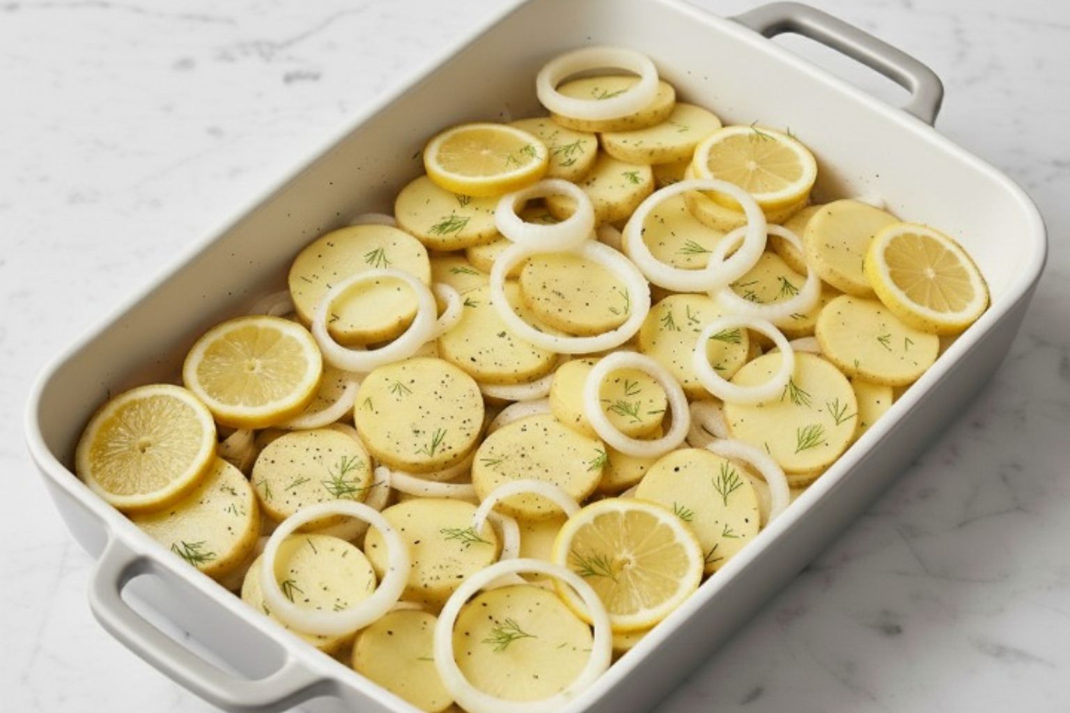 Base de patatas, cebolla y limon para la merluza al horno perfecta