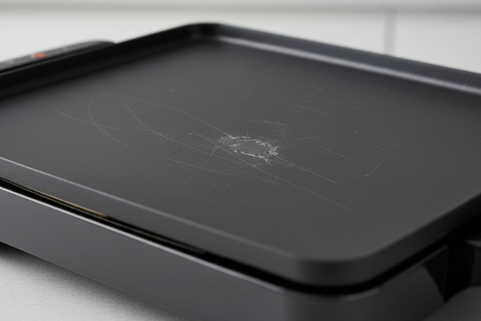 Primer plano de superficie antiadherente dañada con rayones y teflón levantado