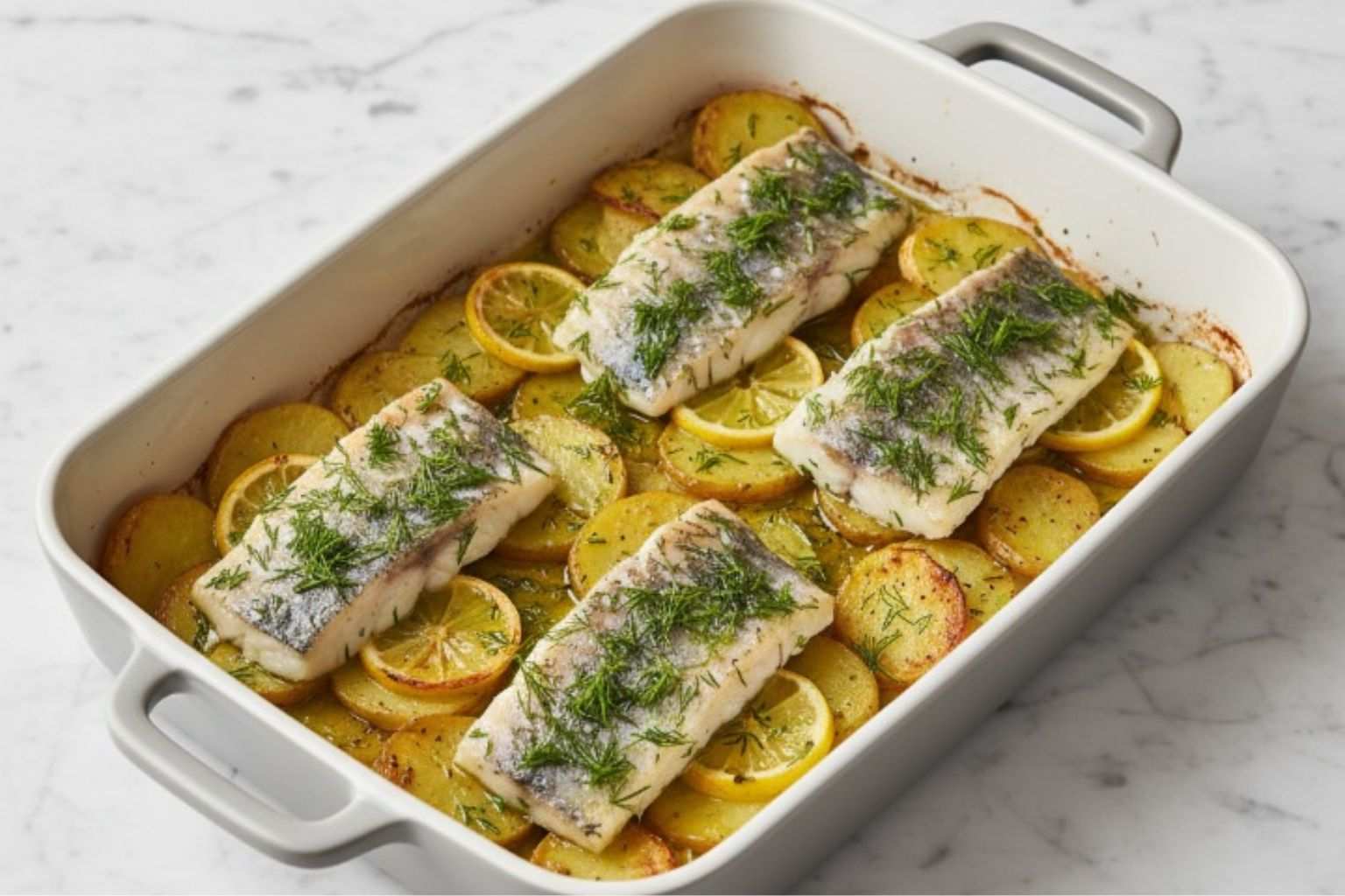 Fuente recien salida del horno con 4 lomos de  merluza jugosos sobre patatas panaderas, limon en rodajas y romero encima de cada lomo de merluza, listo para enplatar