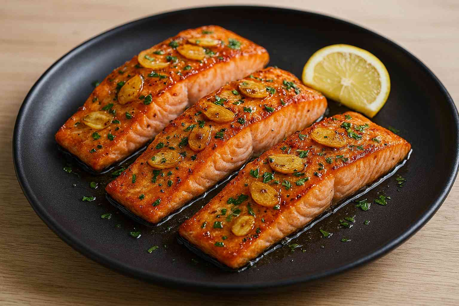 Vista de plato con lomos de Salmón a la plancha jugoso al Ajillo