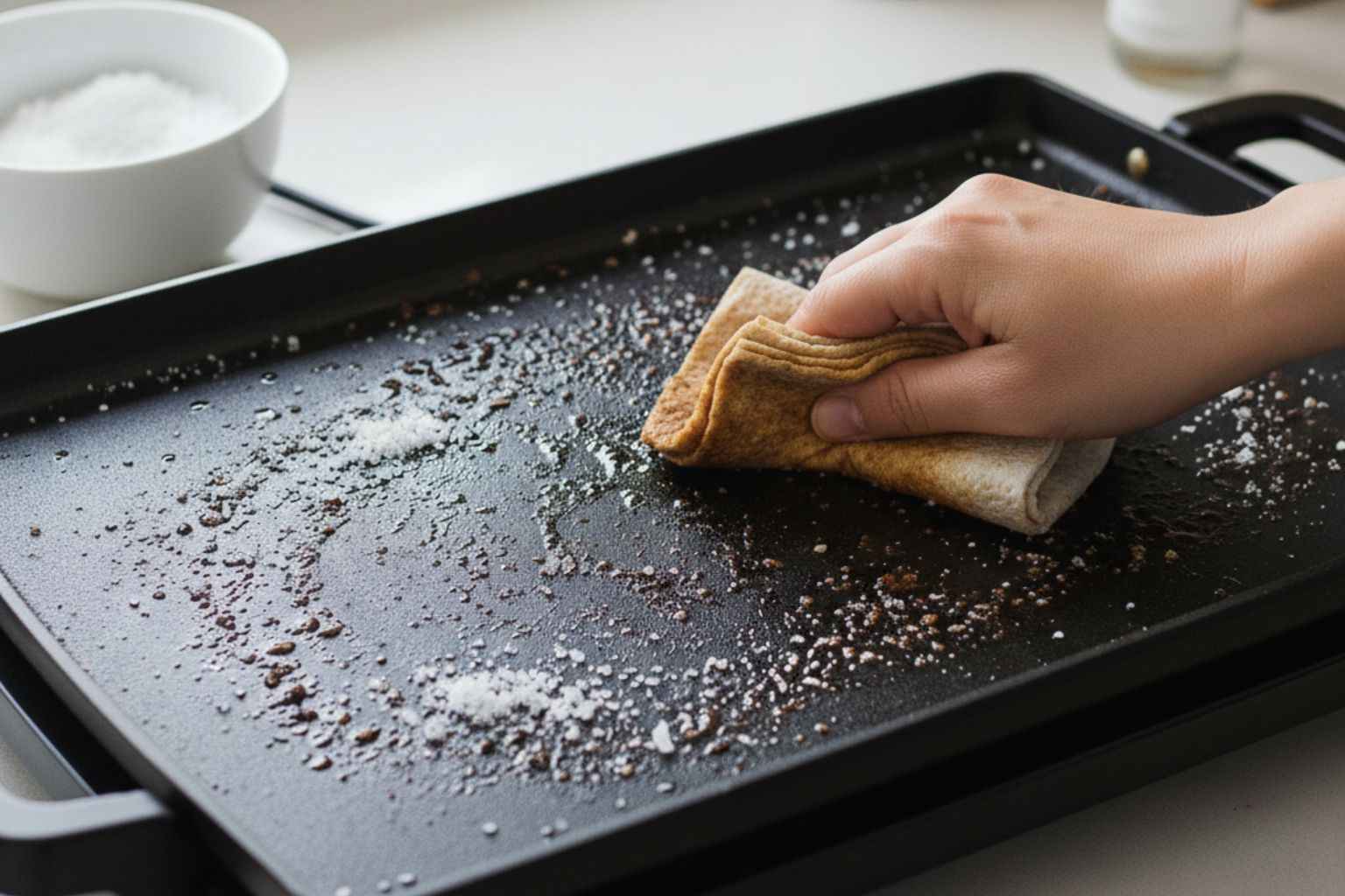 Limpieza profunda de una plancha eléctrica con sal gorda o vinagre para recuperar el antiadherente