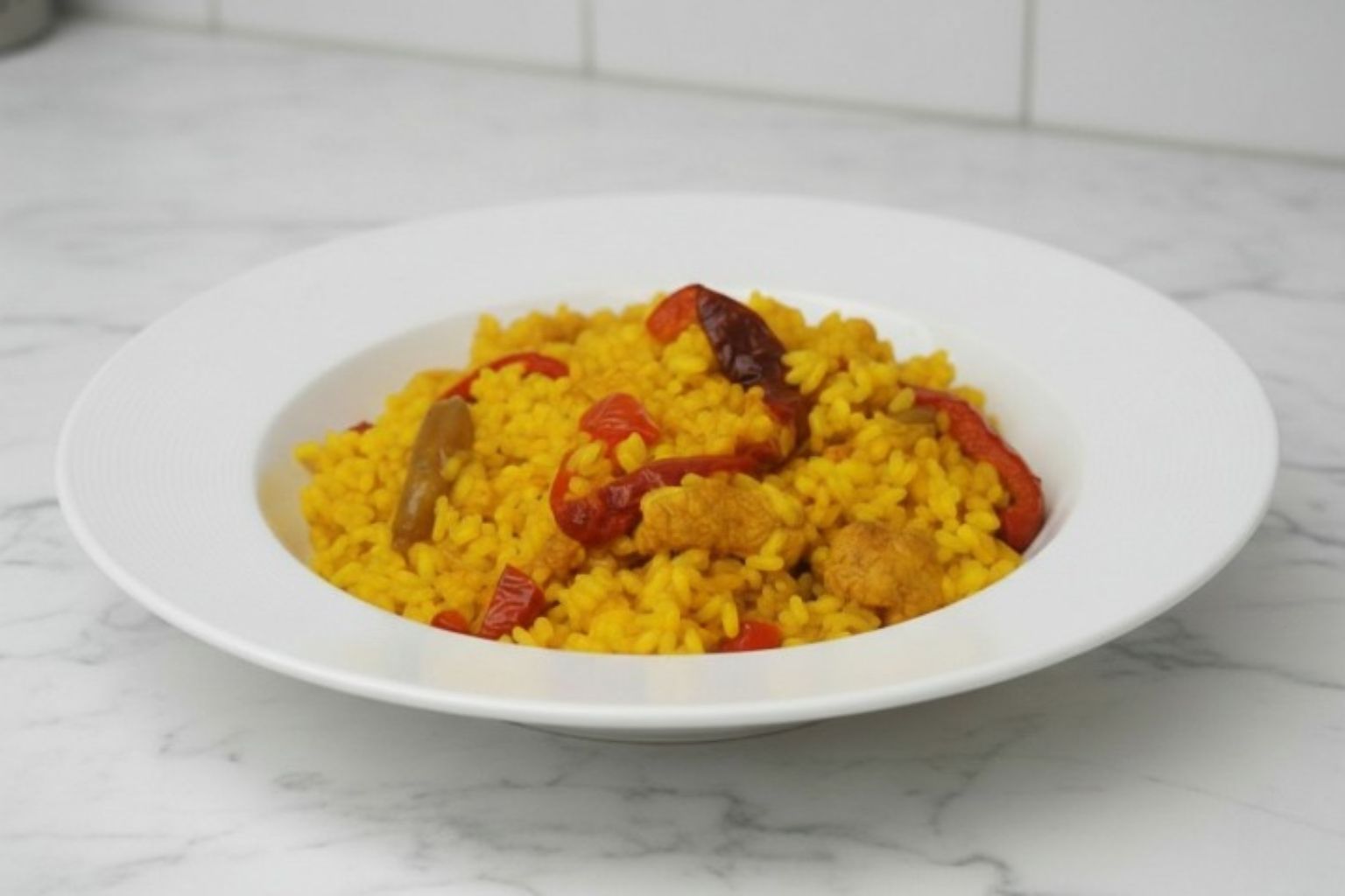 Plato de arroz con pollo y costillas casero recién hecho, mostrando el grano suelto y los trozos de carne