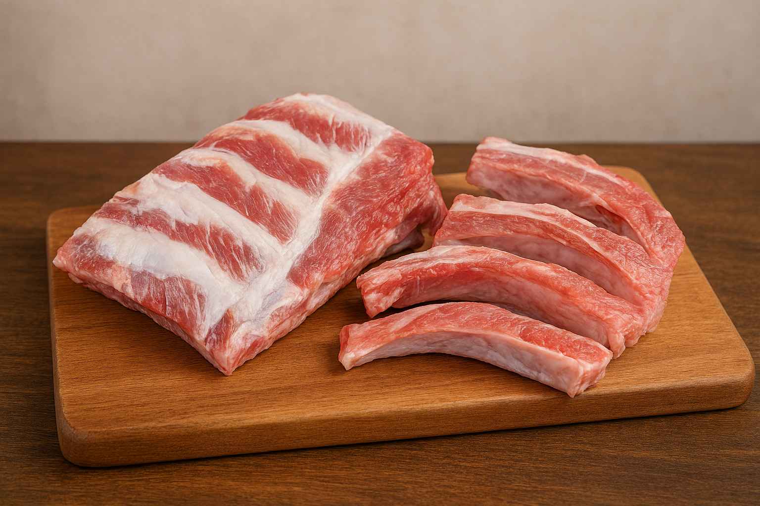 Comparativa de un costillar de cerdo entero junto a otro ya cortado en costillas individuales.
