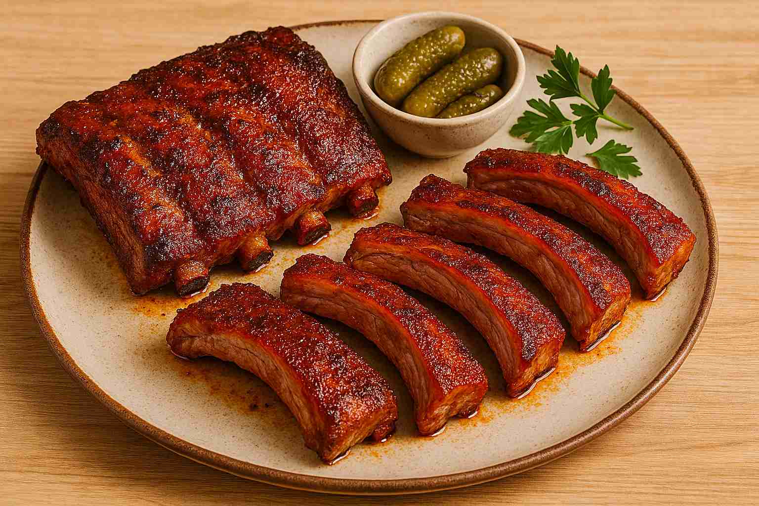 Costillas de cerdo adobadas con pimentón y especias cocinadas en la freidora de aire.