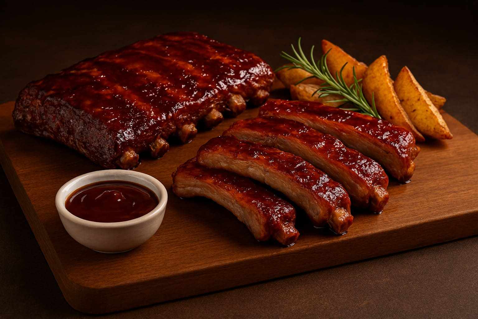 Un costillar de cerdo entero cocinado en freidora de aire, glaseado con salsa barbacoa y servido en una tabla de madera con patatas.