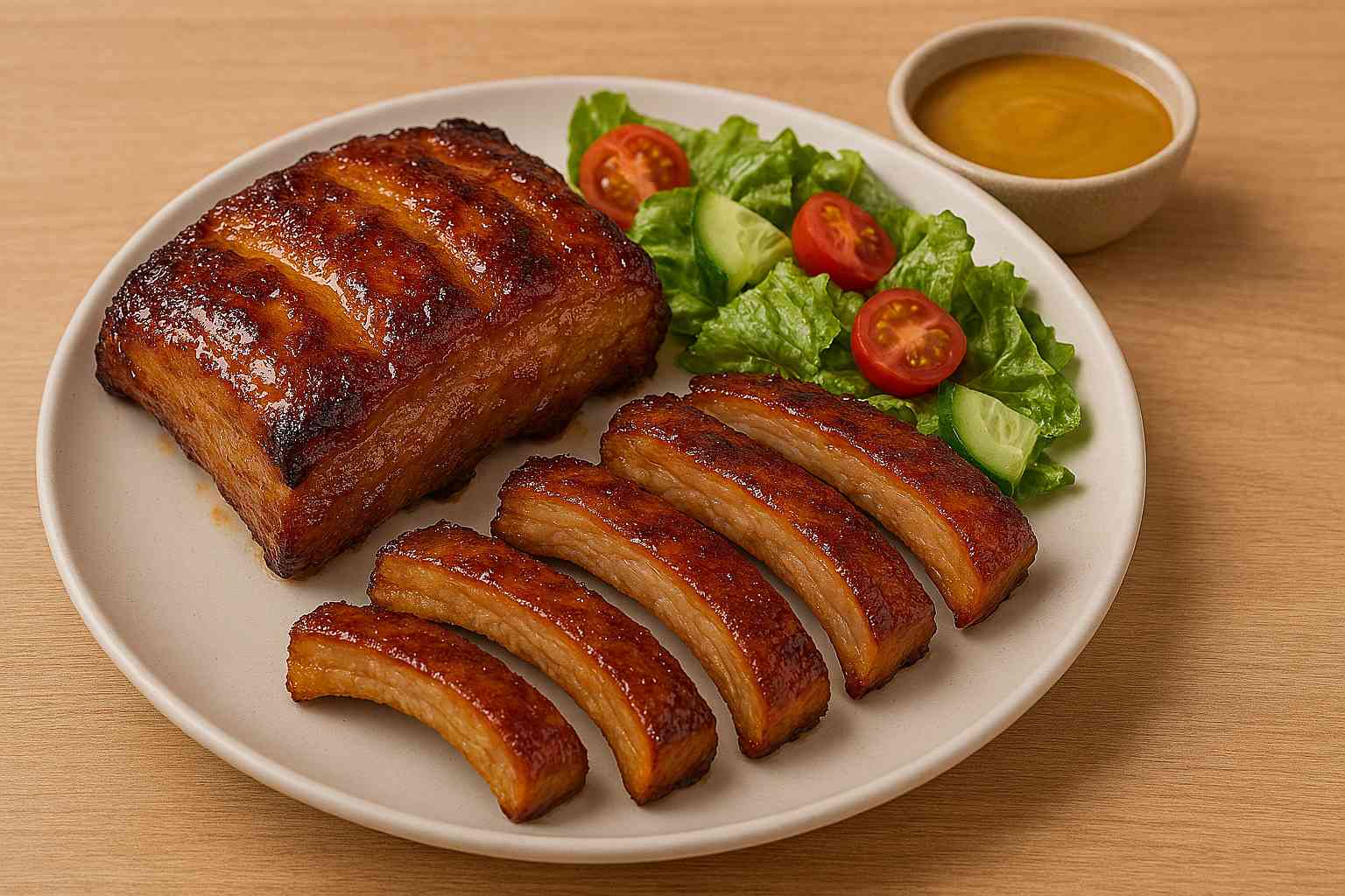 Costillas a la miel y mostaza en un plato, con un acabado brillante y caramelizado acompañado de su salsa de miel y una ensalada.