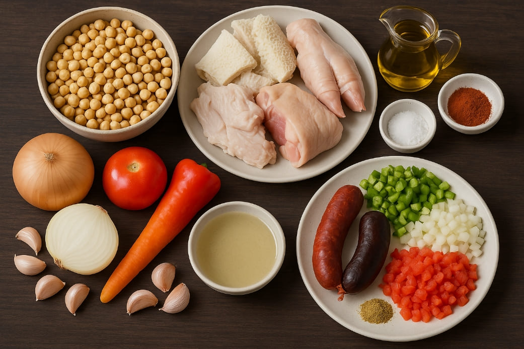 Ingredientes para callos con garbanzos: callos, garbanzos, manita, chorizo, morcilla, verduras y especias.