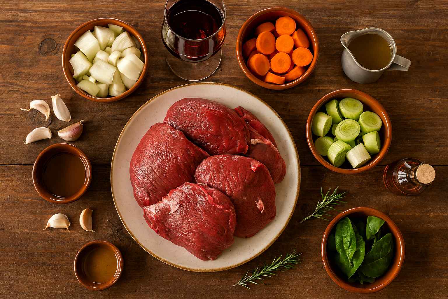Ingredientes para carrilleras de ternera de la abuela: carrilleras, cebolla, ajo, puerro, zanahoria, vino tinto y caldo.