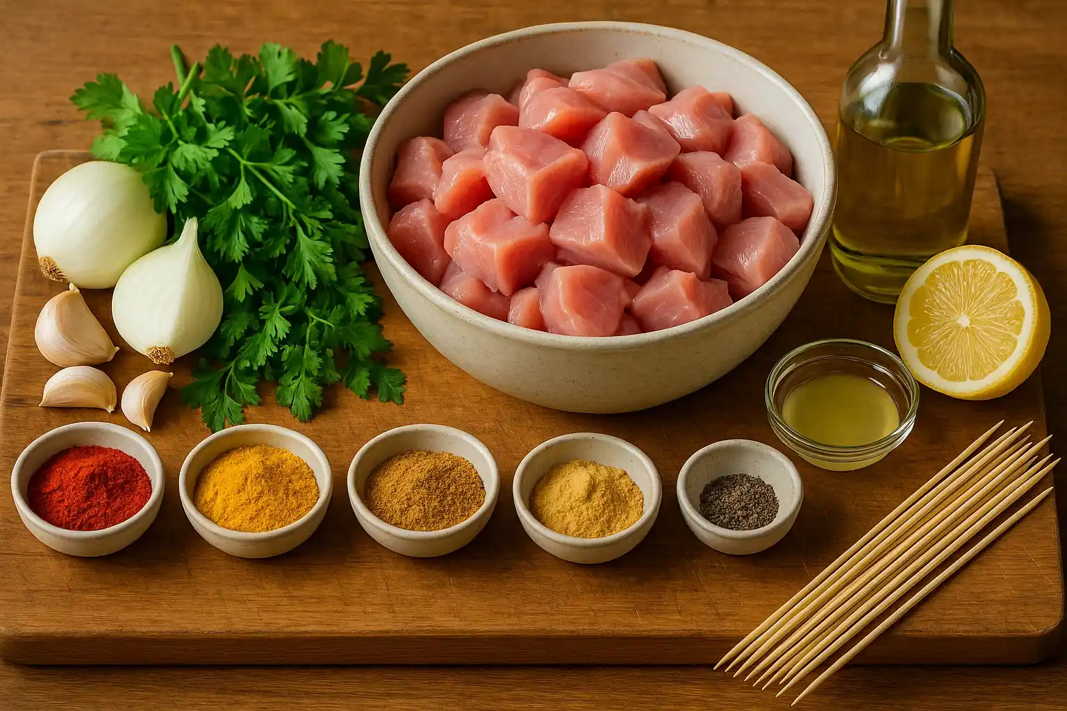 Carne cruda en tacos, cebolla, ajo, hierbas frescas y especias como pimentón y cúrcuma, ingredientes para hacer pinchos morunos caseros, con palillos de brocheta.