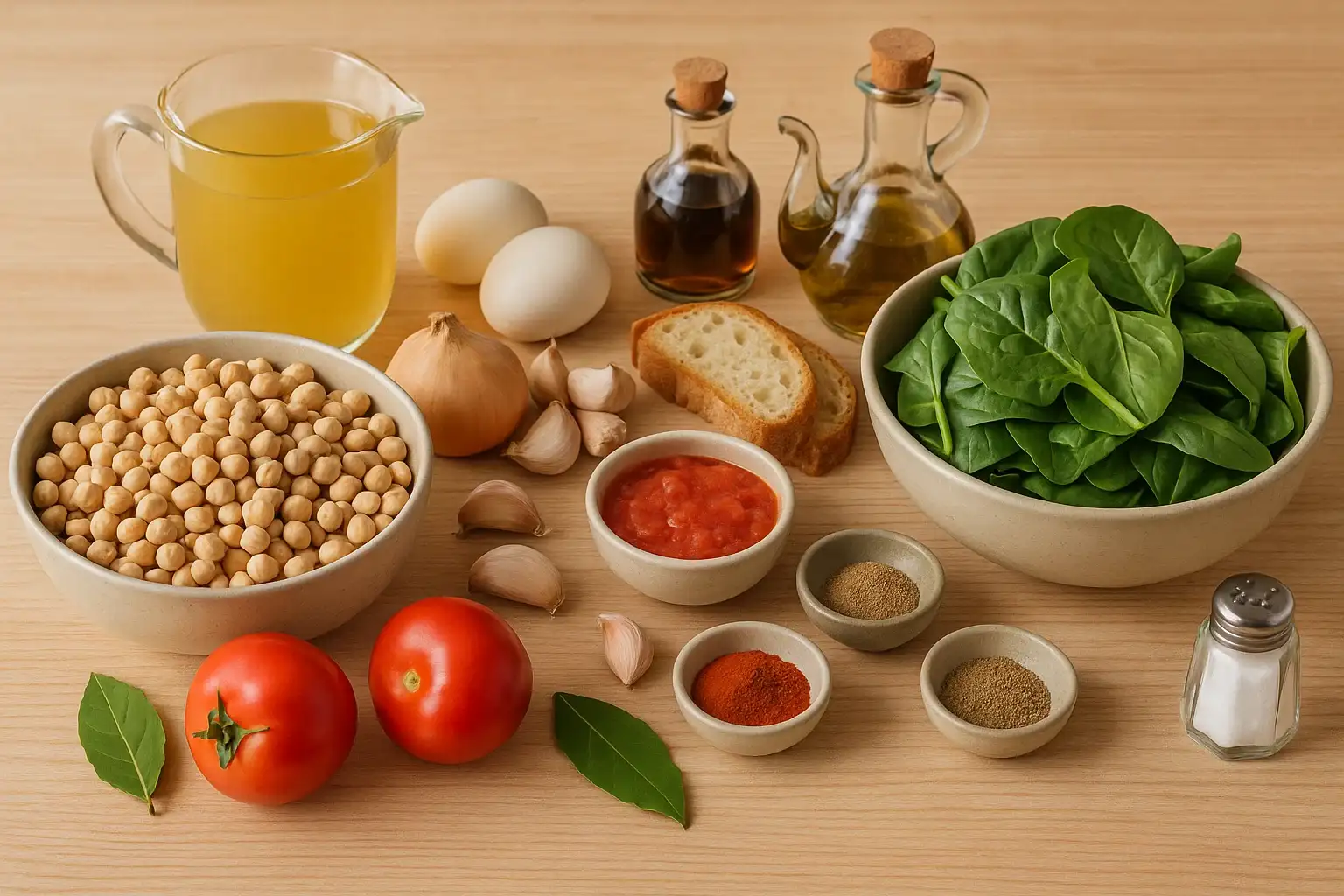 Ingredientes para el potaje de espinacas con garbanzos a la andaluza: garbanzos, espinacas, pan, ajo, cebolla y especias.