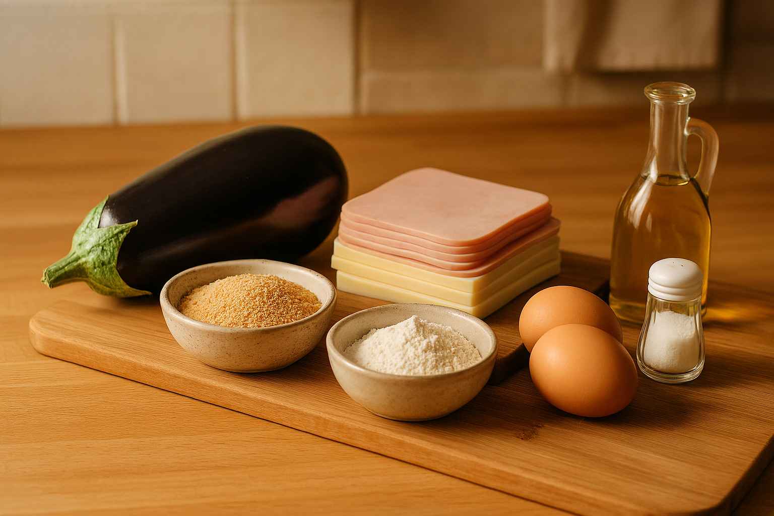 Ingredientes para San Jacobos de berenjena en freidora de aire: berenjena, jamón, queso y rebozado.
