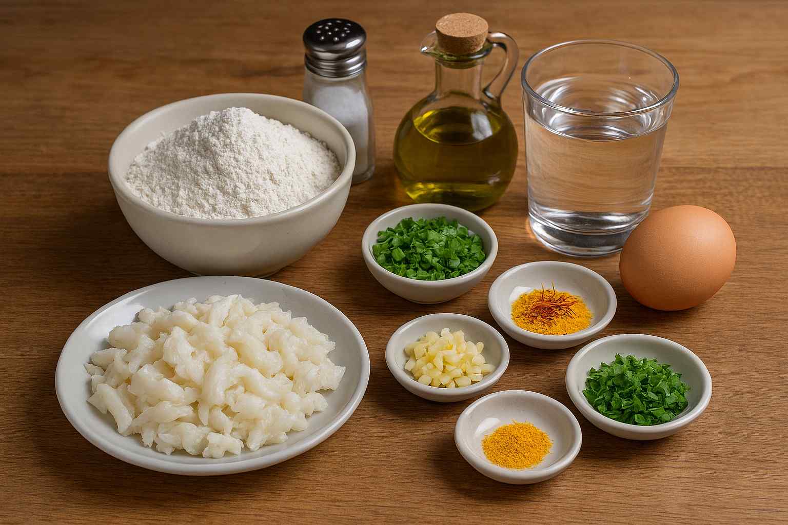 Ingredientes para hacer tortillitas de bacalao andaluzas caseras: bacalao, harina, huevo, cebolleta, ajo y perejil.
