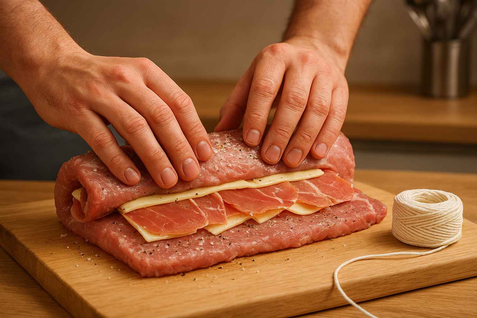 Proceso de enrollar el lomo de cerdo con el relleno de jamón y queso visible en su interior