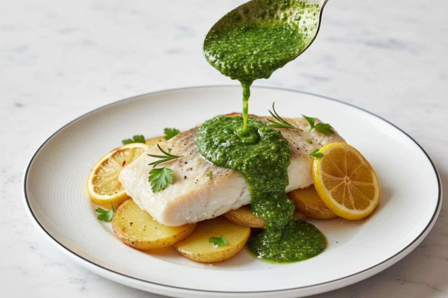 Plato final de Merluza al horno jugosa sobre cama de patatas panadera, servida con salsa verde casera.