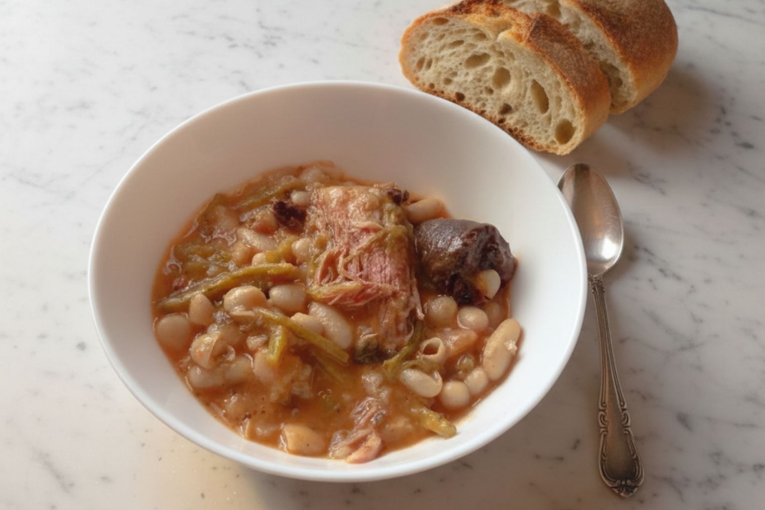 Vista de Plato hondo blanco con el potaje de tagarninas típico de Cádiz