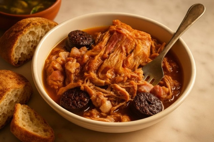 La Auténtica Pringá del Potaje Gaditano Pringá del potaje de tagarninas servida en un plato, con el tocino, la morcilla y las carnes listas para untar en pan.