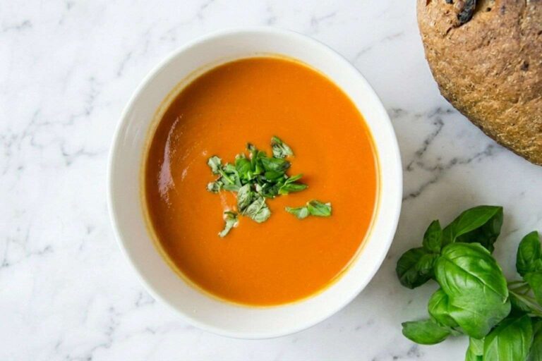 Cuenco de gazpacho andaluz casero tradicional, rojo anaranjado intenso y refrescante, servido frío con guarnición.