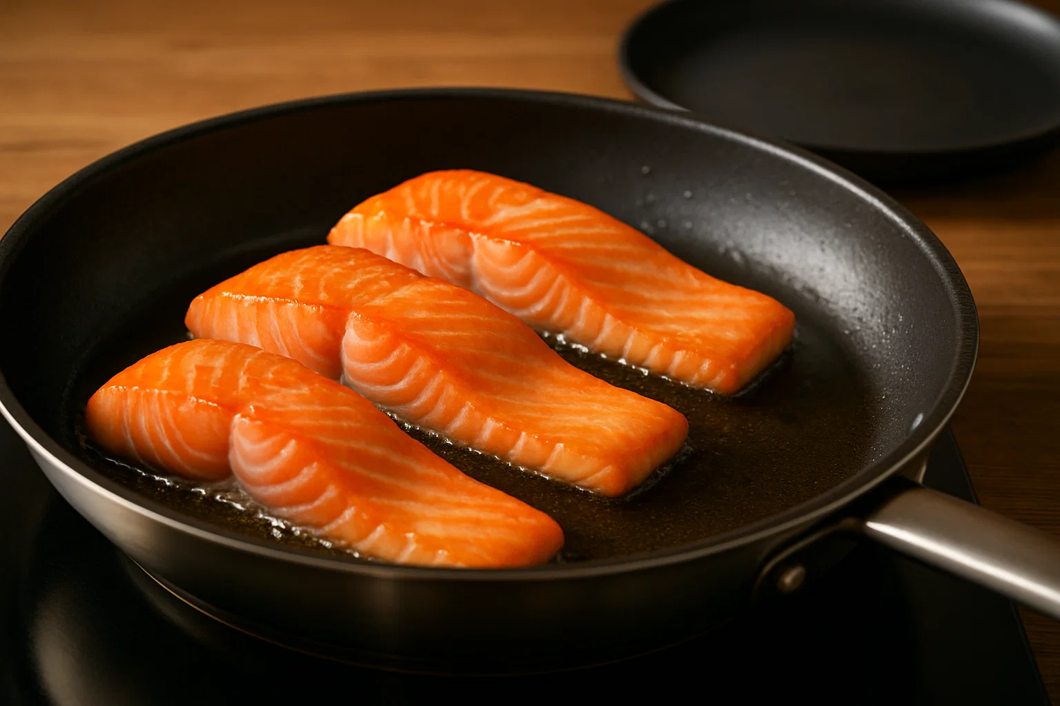 Salmón a la plancha cocinándose por el lado de la piel para un resultado crujiente.