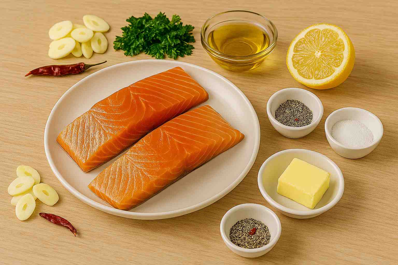 Ingredientes para hacer salmón al ajillo a la plancha: lomos de salmón, ajos, perejil, limón y aceite de oliva.